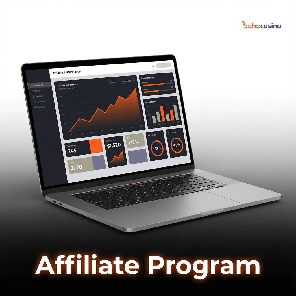 Boho casino affiliate program banner showing revenue share tiers and sign‑up call to action for new partners