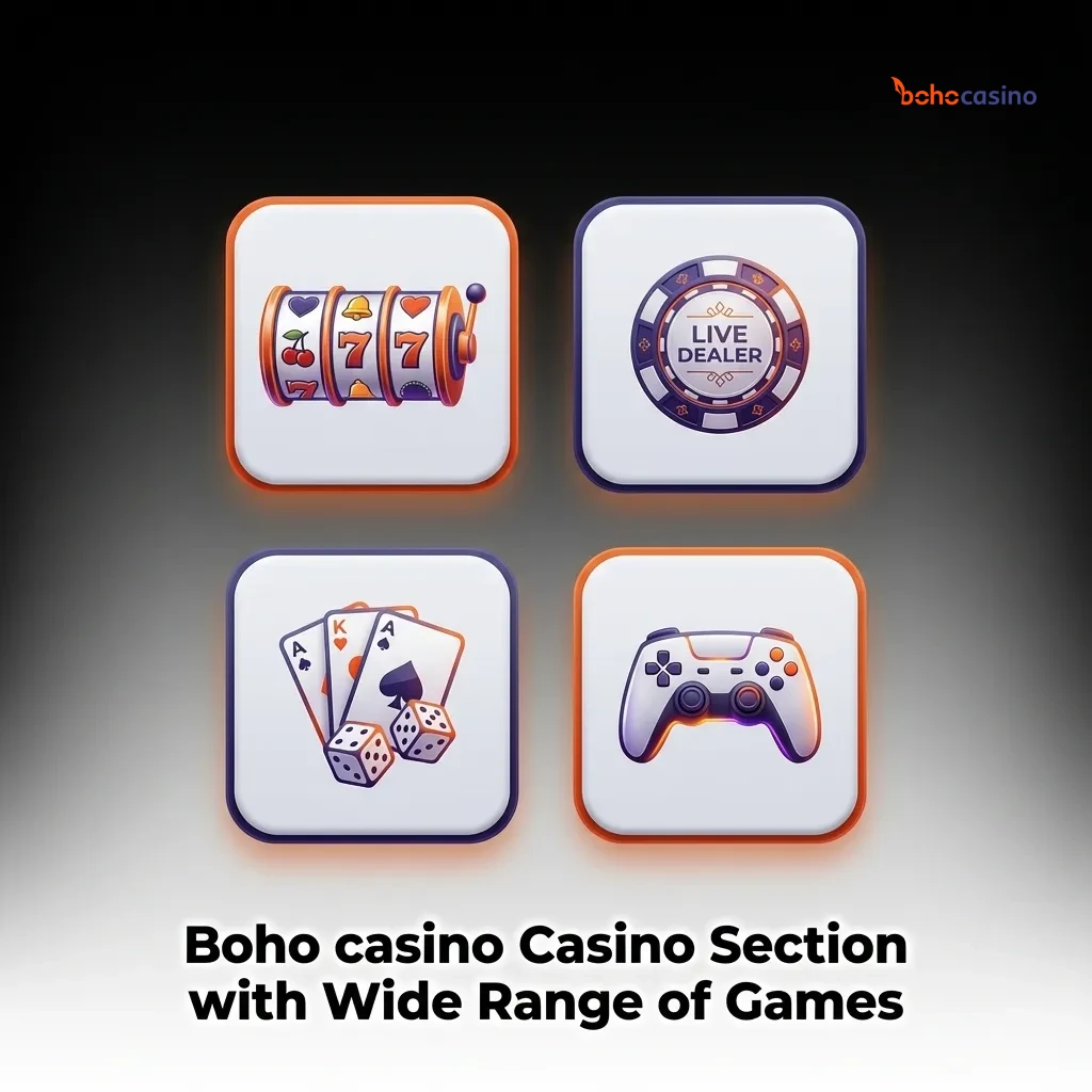 Boho casino lobby screen showing slots, jackpot, table, instant, crash, video poker and live game show tiles