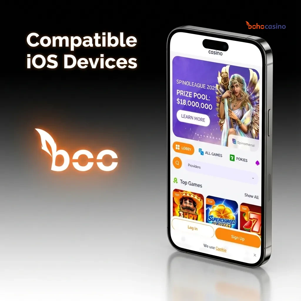 Graphic listing compatible iPhone X–15 models and recent iPads for the Boho casino iOS app.