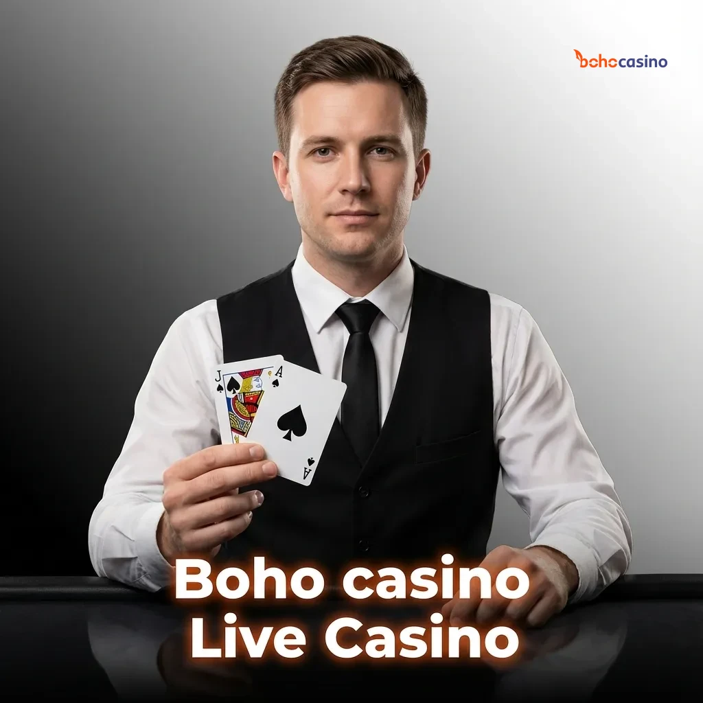 Boho casino live dealer lobby with roulette, blackjack, baccarat and game show wheels streamed in HD on screens