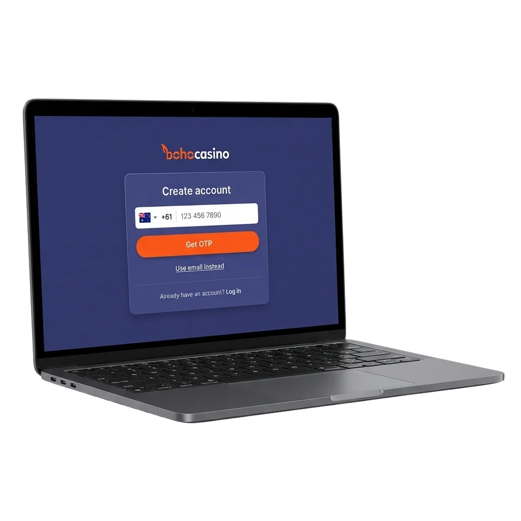 Illustration of Boho casino registration options in Australia with welcome bonus, pokies, live tables, and sports betting.