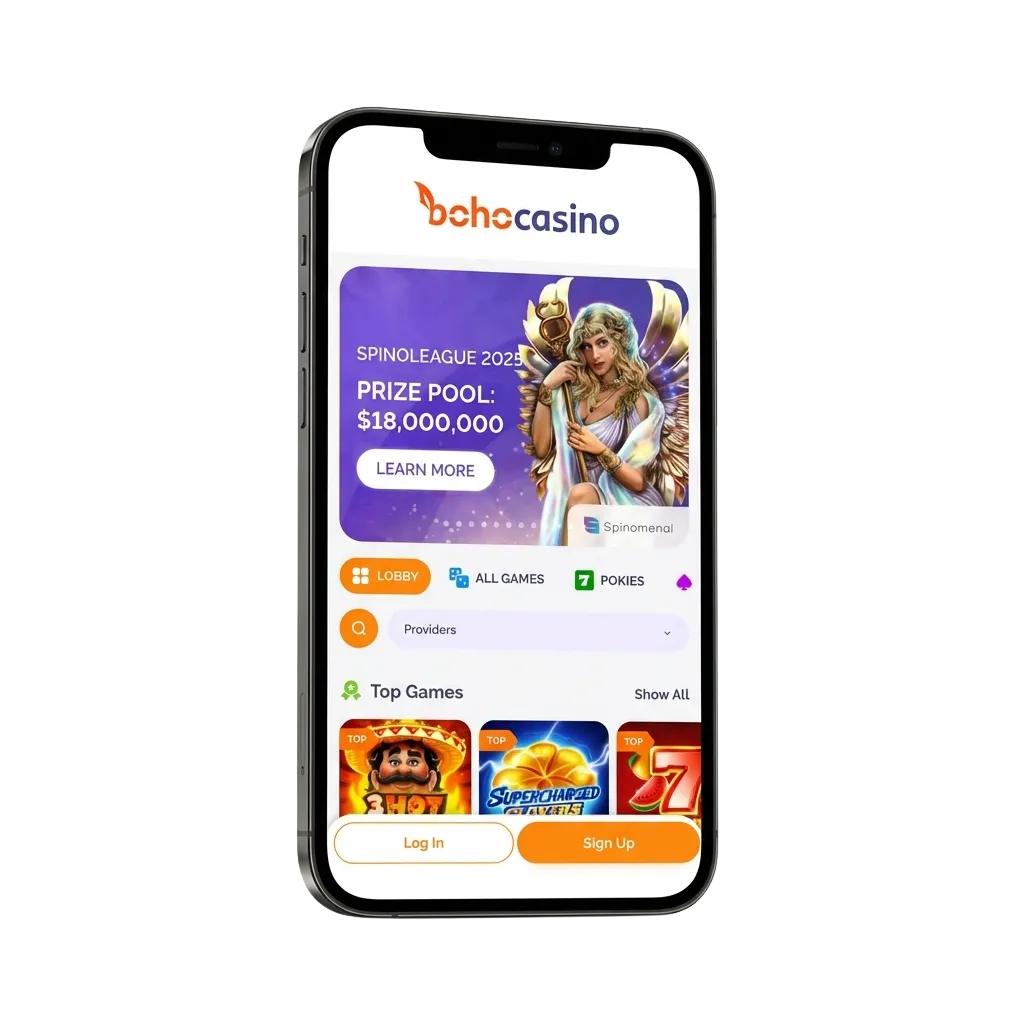 Smartphone screen showing Boho casino app download for Android and iOS with welcome bonus offer and payment method logos