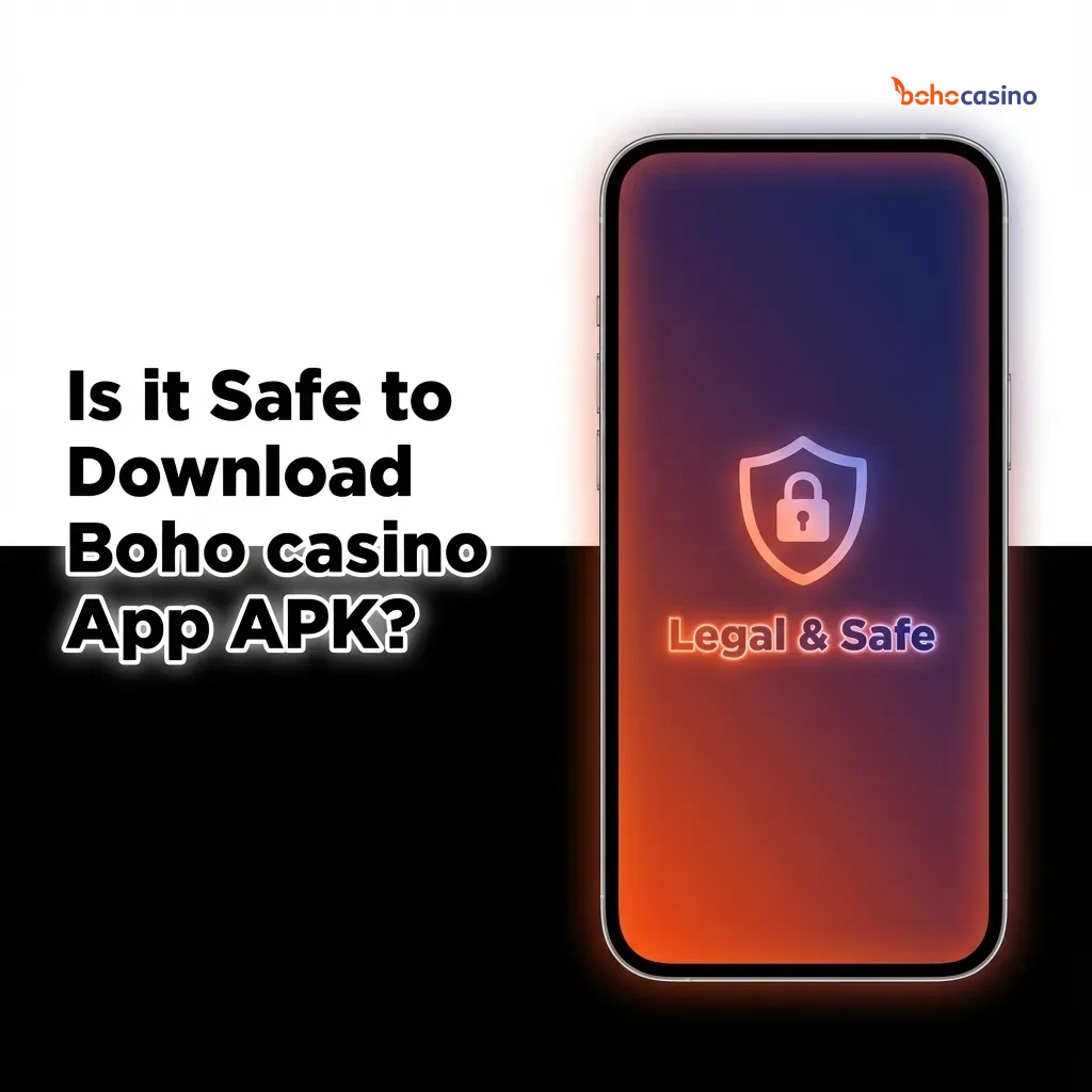 Smartphone screen showing Boho casino app download page, highlighting security badges, SSL lock, and licensing info