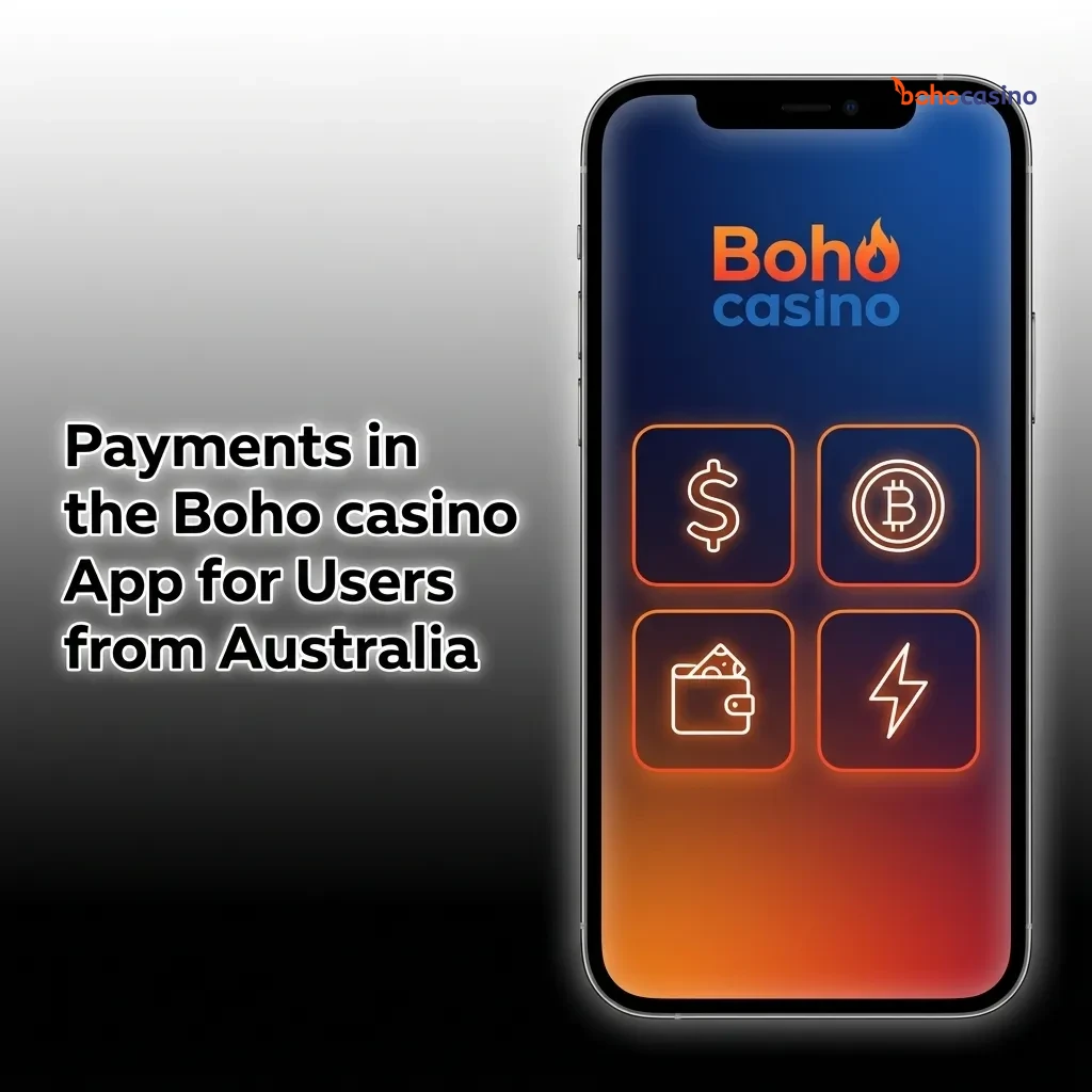 Boho casino app screen for Australian users showing multiple payment methods like cards, e-wallets, vouchers and bank transfer